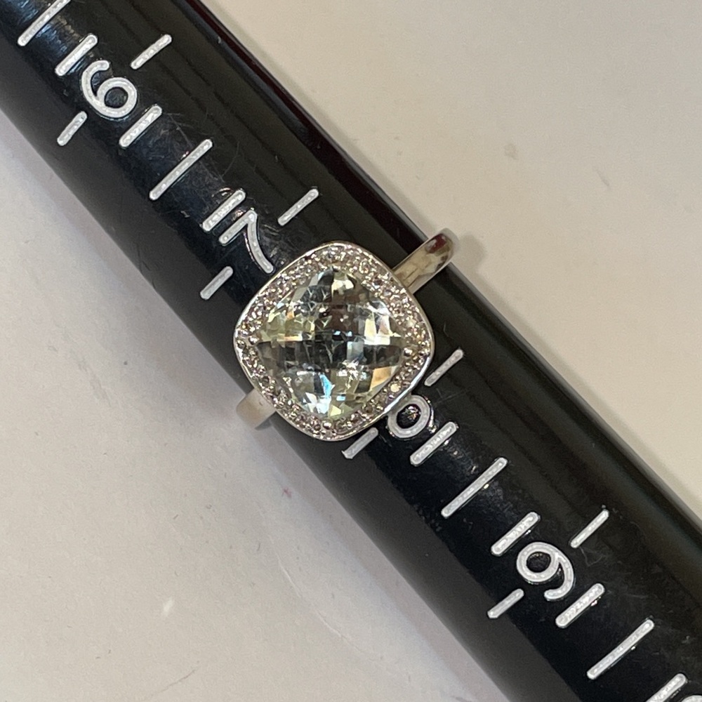 Dazzling White Gold Pale Green Prasiolite And Diamond Halo Ring - Picture 7 of 16
